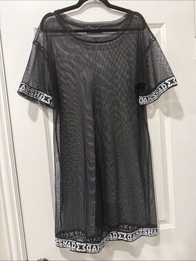 Black & White Mesh Swim Coverup with White Logo Trim Size XXL